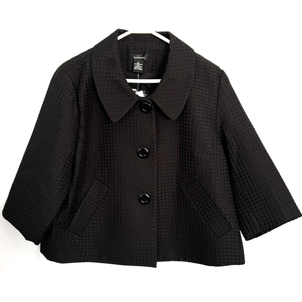 Spense Jacket Womens Large Black Textured 3/4 Sleeve Button Front Blazer NWT
